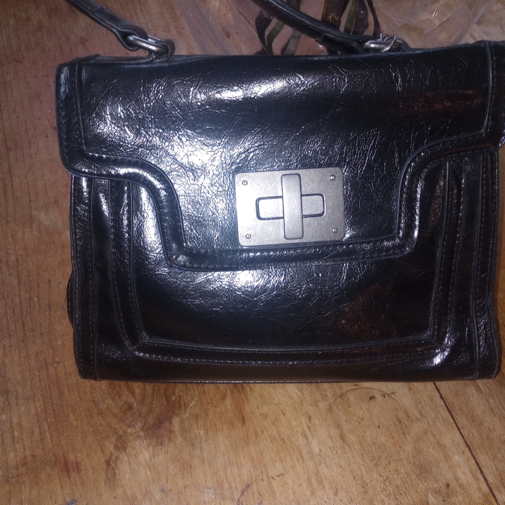 Vera Wang Black Structured Satchel with Silver Clasp